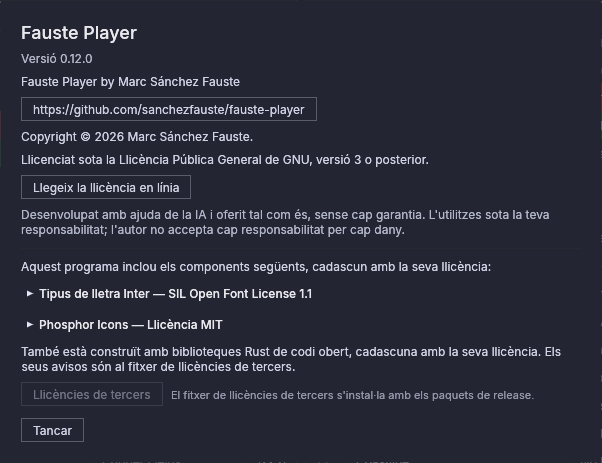 La finestra Quant a Fauste Player: versió, copyright i llicències dels components inclosos