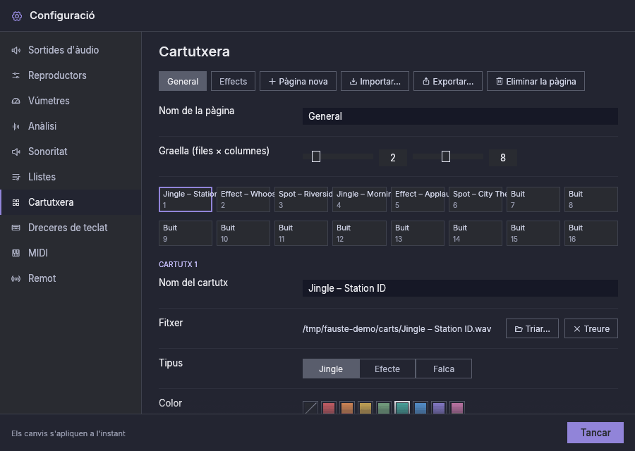 Configuració, Cartutxera: les pàgines, la graella i l’editor del cartutx seleccionat