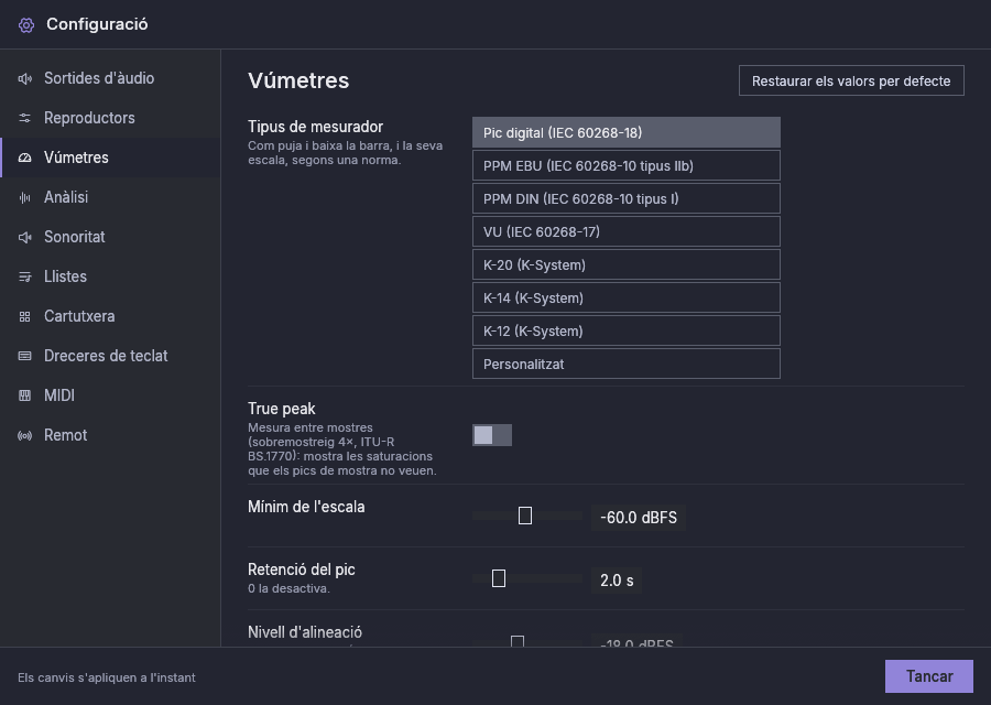 Configuració, Vúmetres, amb el mesurador de pic digital triat