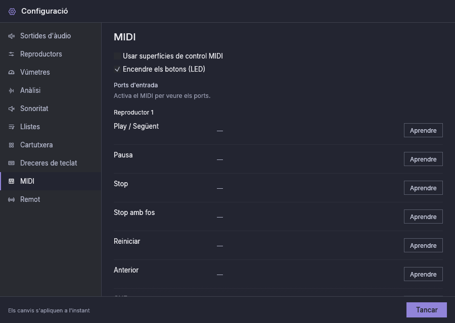 Configuració, MIDI: l’interruptor per activar el MIDI, i la llista d’accions amb un botó Aprendre cadascuna