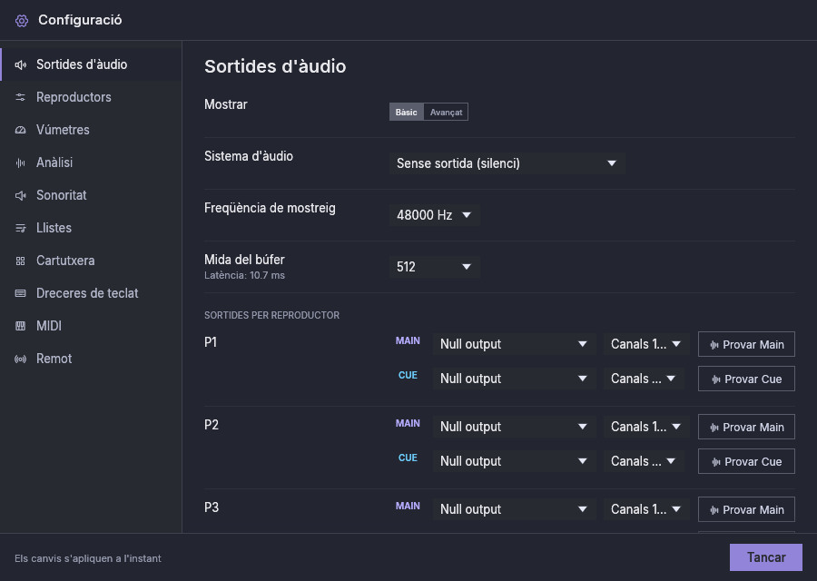 Configuració, Sortides d’àudio, vista Bàsic: el selector, el sistema d’àudio, la freqüència de mostreig, la mida del búfer i les sortides Main i Cue de cada reproductor (aquí el sistema silenciós)