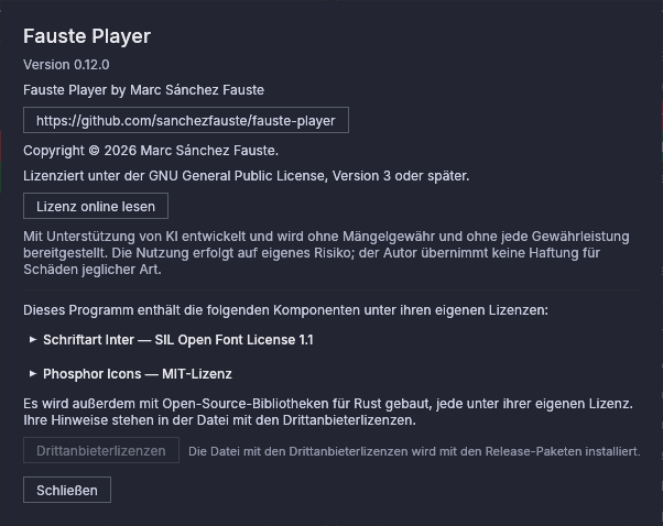 Das Fenster „Über Fauste Player“: Version, Copyright und die Lizenzen der enthaltenen Komponenten