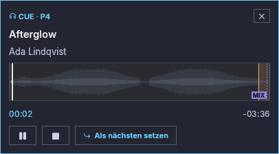 Das CUE-Fenster von Player 4, der seinen nächsten Track vorhört