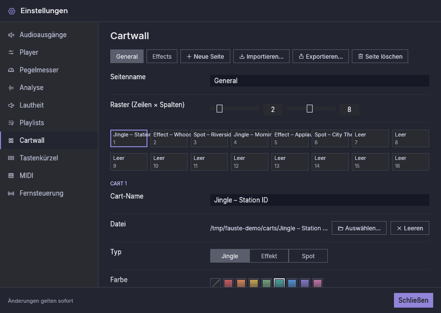 Einstellungen, Cartwall: die Seiten, das Raster und der Editor des gewählten Carts