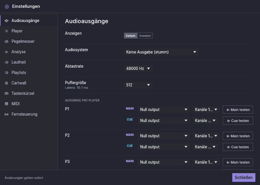 Einstellungen, Audioausgänge, Ansicht Einfach: die Auswahl, das Audiosystem, die Abtastrate, die Puffergröße und die Main- und Cue-Ausgänge jedes Players (hier das stumme System)
