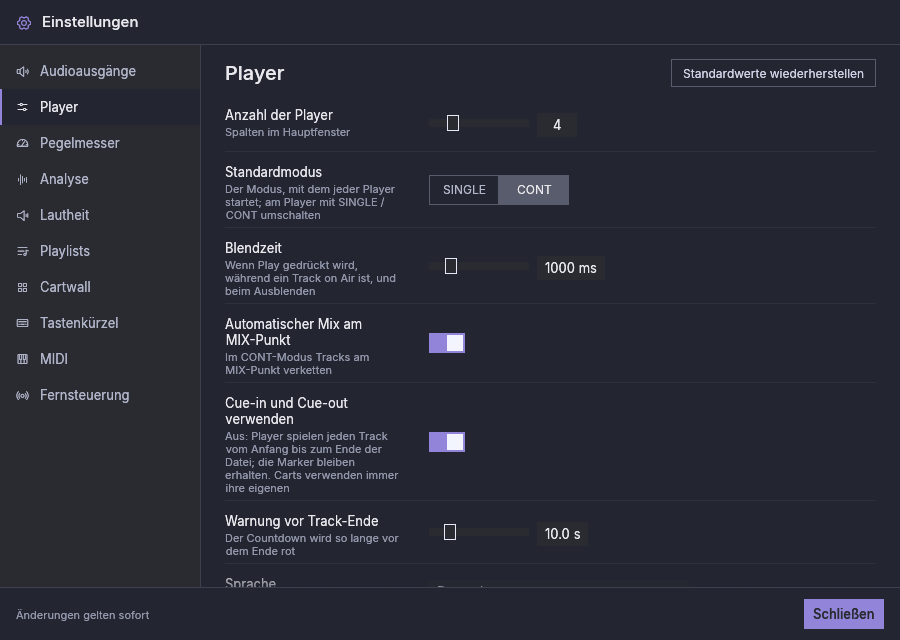 Einstellungen, Player: Anzahl der Player, Standardmodus, Blendzeit, automatischer Mix, Cue-in und Cue-out, Warnung vor Track-Ende und Sprache
