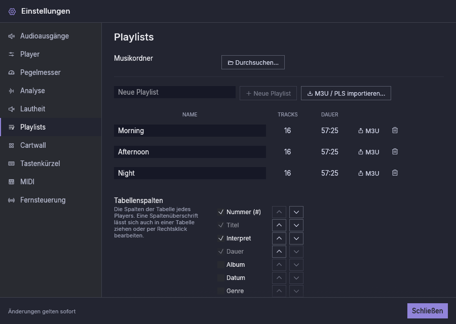 Einstellungen, Playlists: der Musikordner, die Playlists und die Tabellenspalten