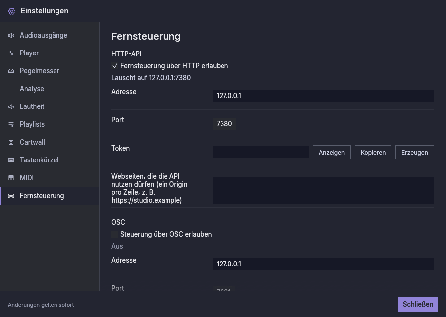 Einstellungen, Fernsteuerung, mit der HTTP-API, die auf diesem Computer lauscht