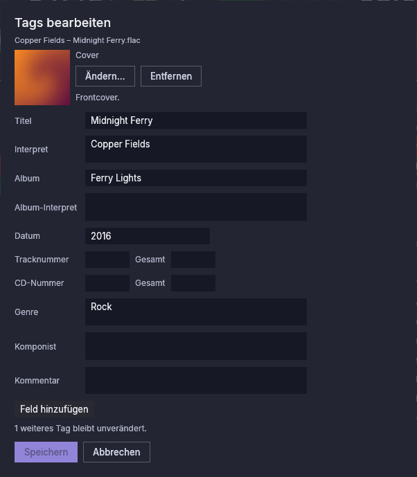 Der Tag-Editor einer FLAC-Datei, mit Cover, Titel, Interpret, Album, Datum und Genre