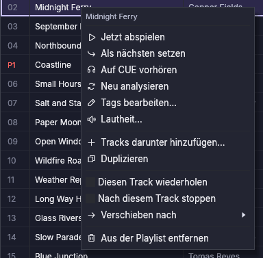 Das Kontextmenü eines Tracks
