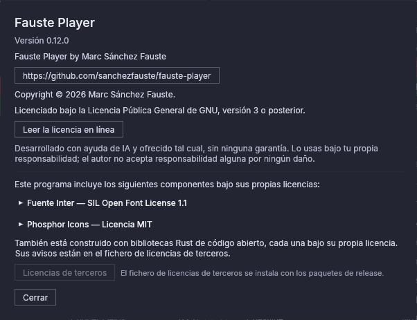 La ventana Acerca de: versión, copyright y las licencias de los componentes incluidos