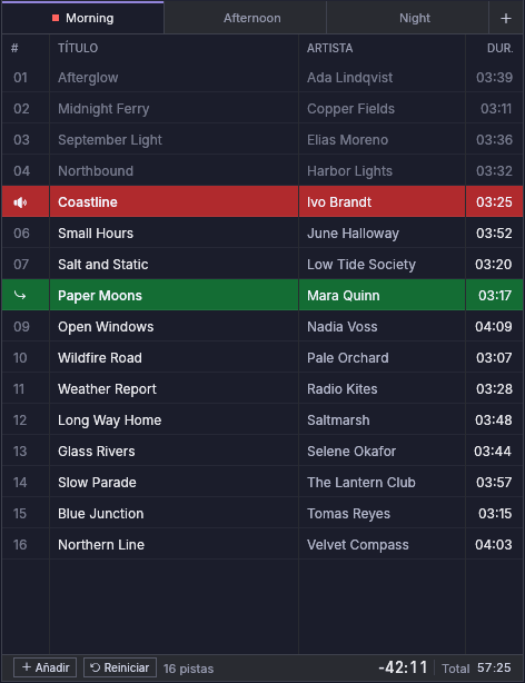 Una playlist: las pistas reproducidas atenuadas, la que suena en rojo, la siguiente en verde y el pie con el tiempo restante