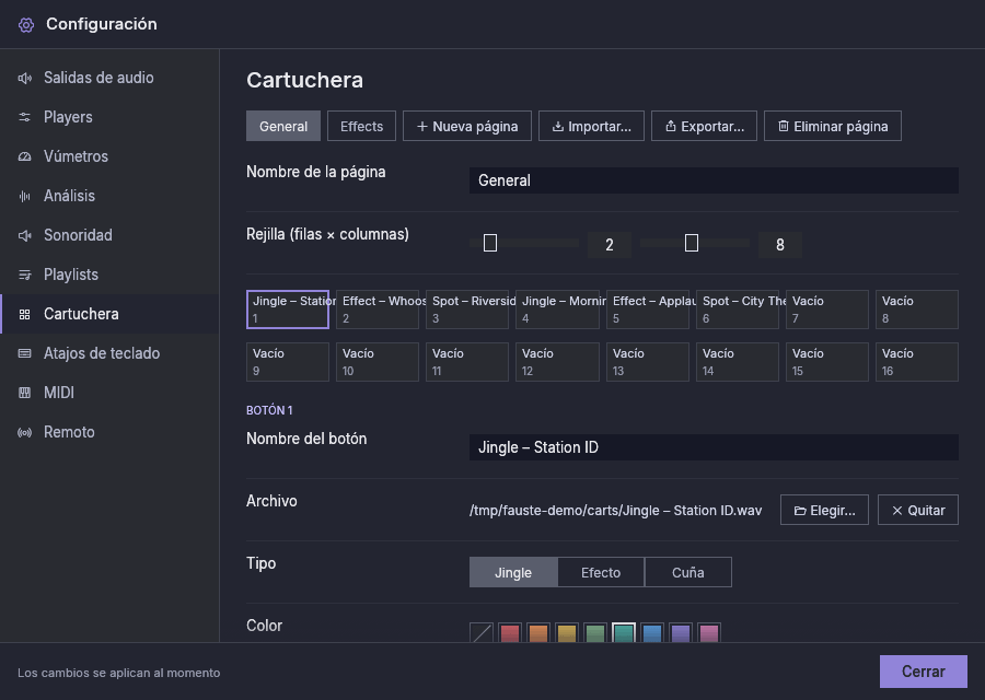 Configuración, Cartuchera: las páginas, la rejilla y el editor del cartucho seleccionado
