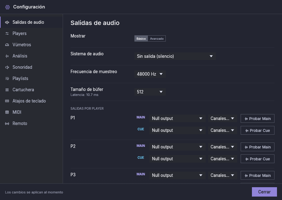 Configuración, Salidas de audio, vista Básico: el selector, el sistema de audio, la frecuencia de muestreo, el tamaño de búfer y las salidas Main y Cue de cada player (aquí, el sistema en silencio)