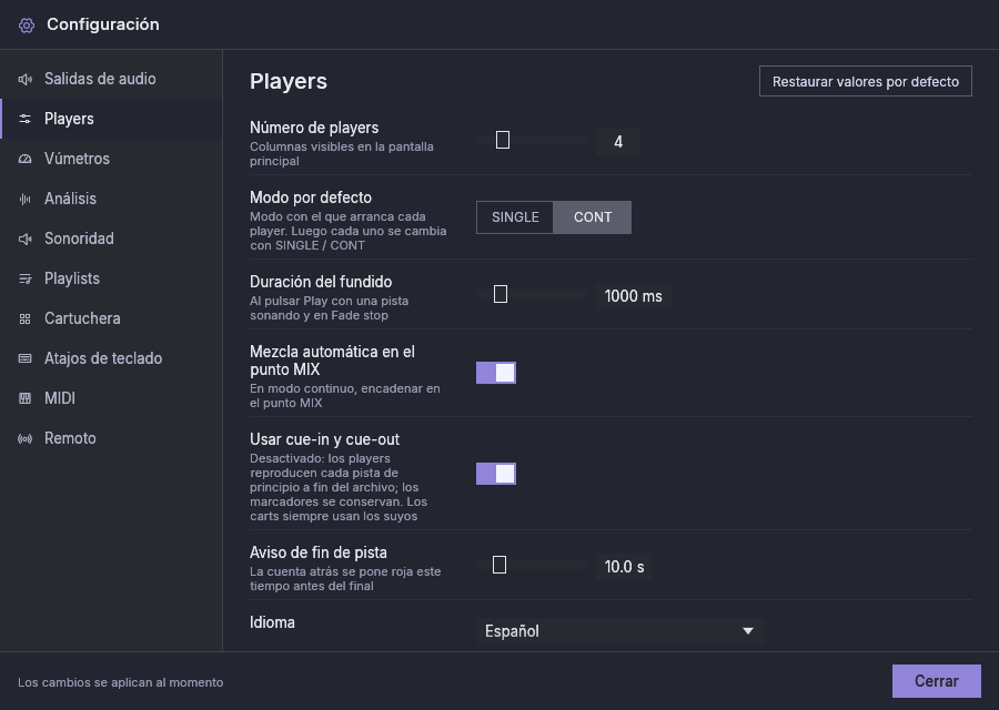 Configuración, Players: número de players, modo por defecto, duración del fundido, mezcla automática, cue-in y cue-out, aviso de fin de pista e idioma