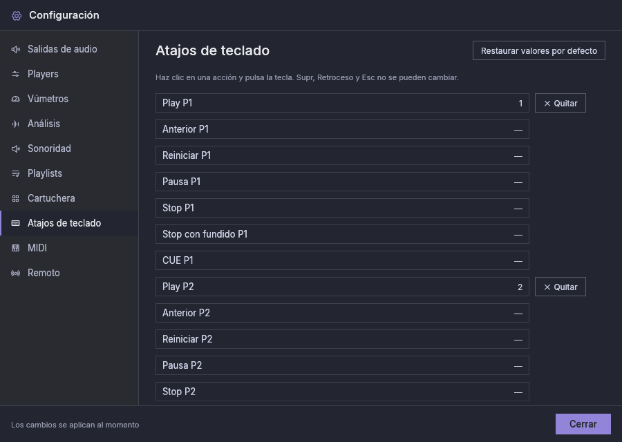 Configuración, Atajos de teclado: cada acción de los players con su tecla, y Quitar junto a las asignadas