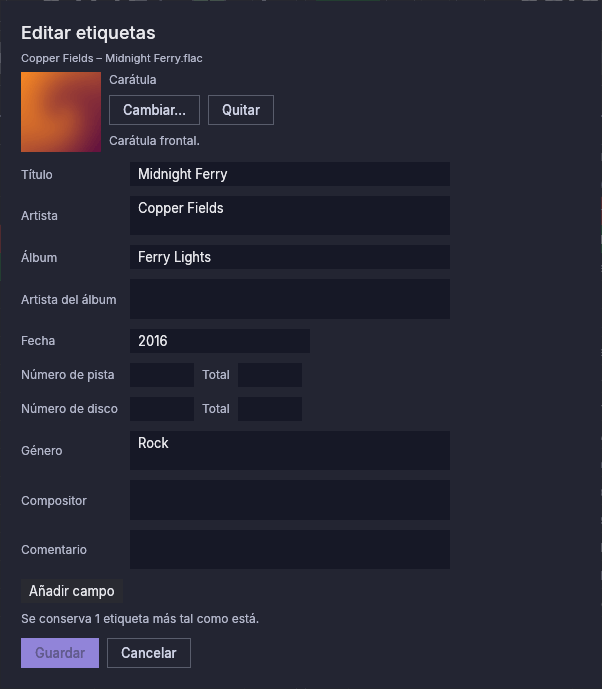 El editor de etiquetas de un archivo FLAC, con su carátula, título, artista, álbum, fecha y género