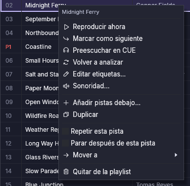 El menú contextual de una pista