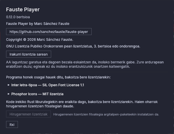 Fauste Player-i buruz leihoa: bertsioa, copyrighta eta barneratutako osagaien lizentziak