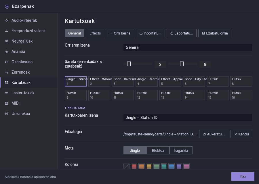 Ezarpenak, Kartutxoak: orriak, sareta eta hautatutako kartutxoaren editorea