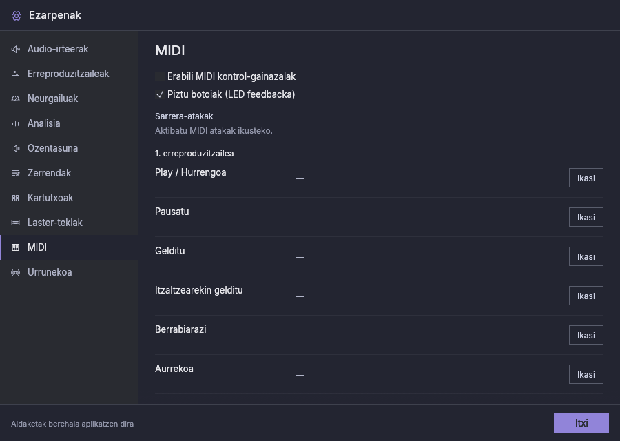 Ezarpenak, MIDI, MIDI kontrola desaktibatuta