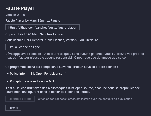 La fenêtre À propos : version, copyright et licences des composants inclus