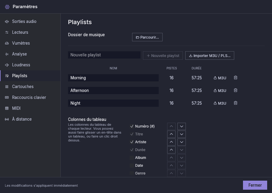 Paramètres, Playlists : le dossier de musique, les playlists et les colonnes du tableau