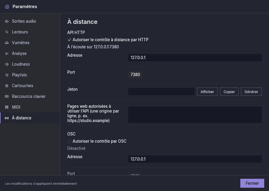 Paramètres, À distance, avec l’API HTTP à l’écoute sur cet ordinateur