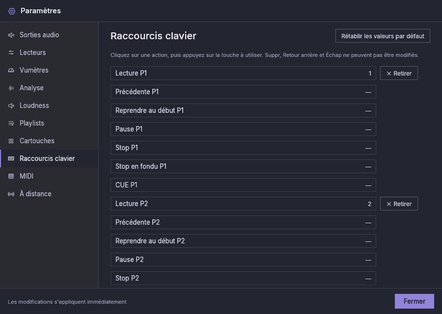 Paramètres, Raccourcis clavier : chaque action de lecteur avec sa touche, et Retirer à côté de celles qui sont associées