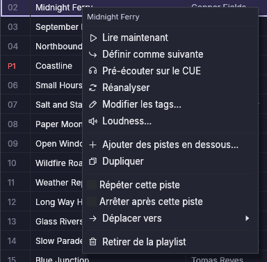 Le menu contextuel d’une piste
