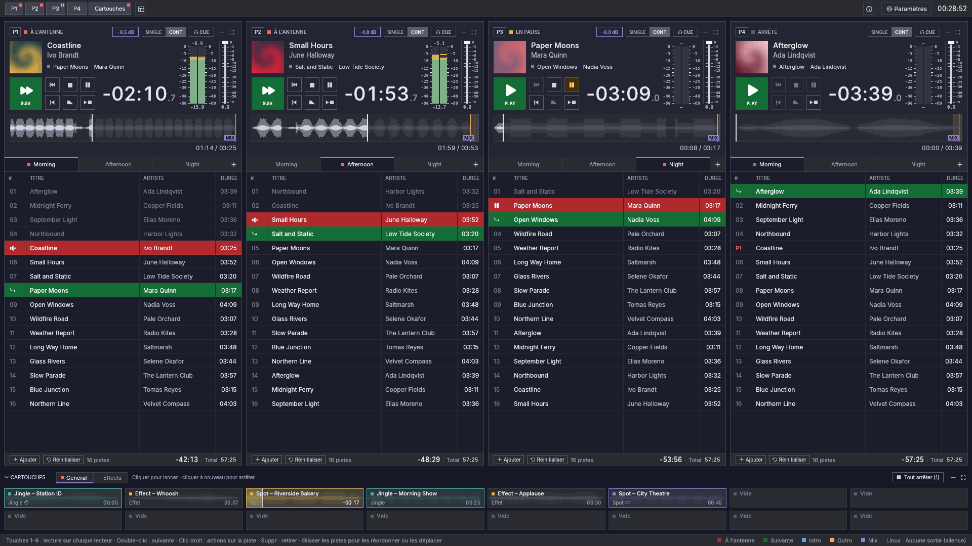 L'écran principal de Fauste Player : quatre lecteurs avec formes d'onde et playlists, et le mur de cartouches.