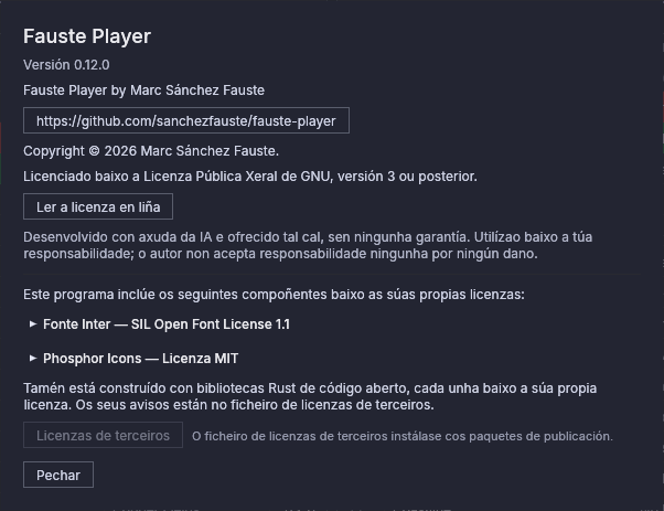A xanela Acerca de: versión, copyright e as licenzas dos compoñentes incluídos