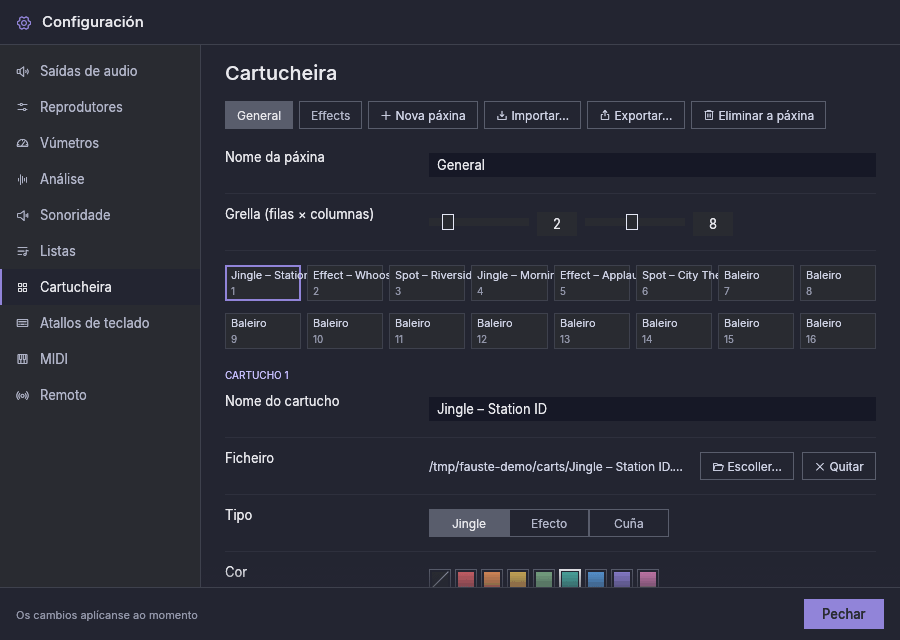 Configuración, Cartucheira: as páxinas, a grella e o editor do cartucho seleccionado