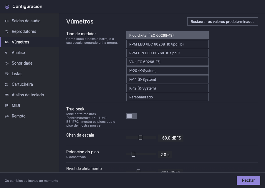 Configuración, Vúmetros, co medidor de pico dixital escollido