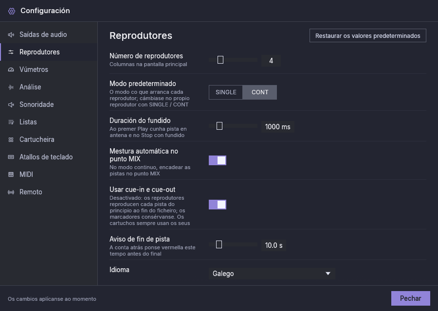 Configuración, Reprodutores: número de reprodutores, modo predeterminado, duración do fundido, mestura automática, cue-in e cue-out, aviso de fin de pista e idioma