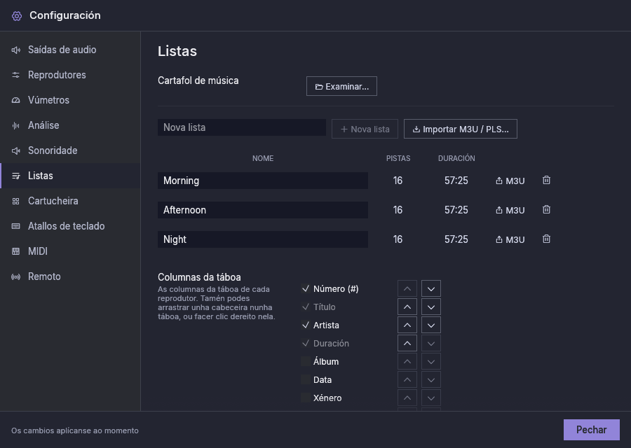 Configuración, Listas: o cartafol de música, as listas e as columnas da táboa