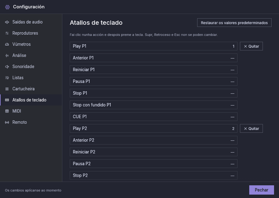 Configuración, Atallos de teclado: cada acción do reprodutor coa súa tecla, e Quitar ao carón das asignadas