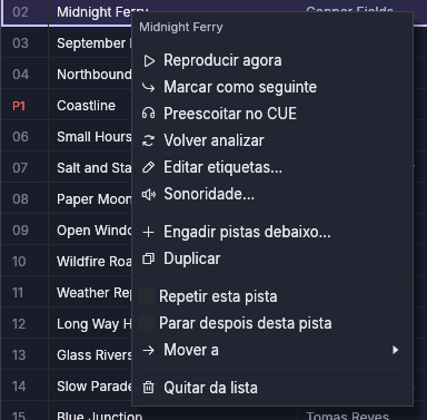 O menú contextual dunha pista