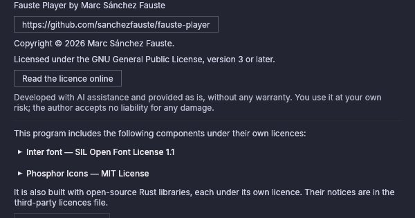 The About window: version, copyright and the licences of the bundled components