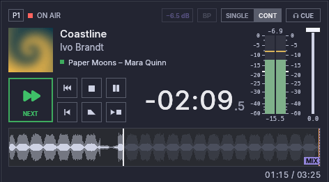 Player 1 on air: its header with the loudness gain, cover, title, next track, transport, countdown, meter, fader and waveform