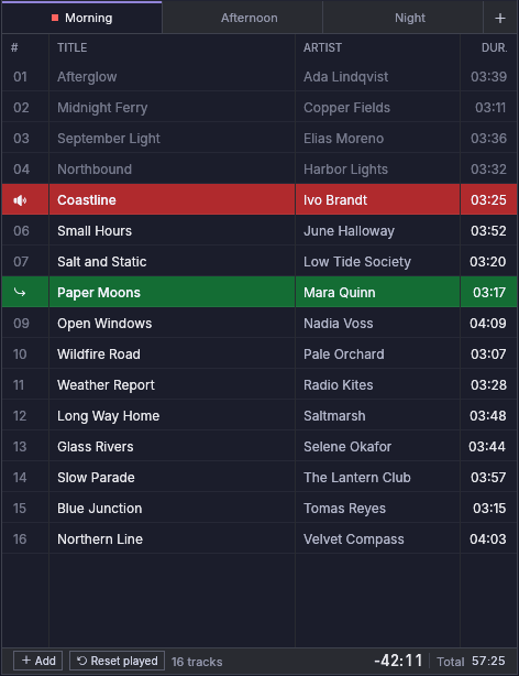 A playlist: played tracks dimmed, the track on air in red, the next track in green, and the footer with the time left