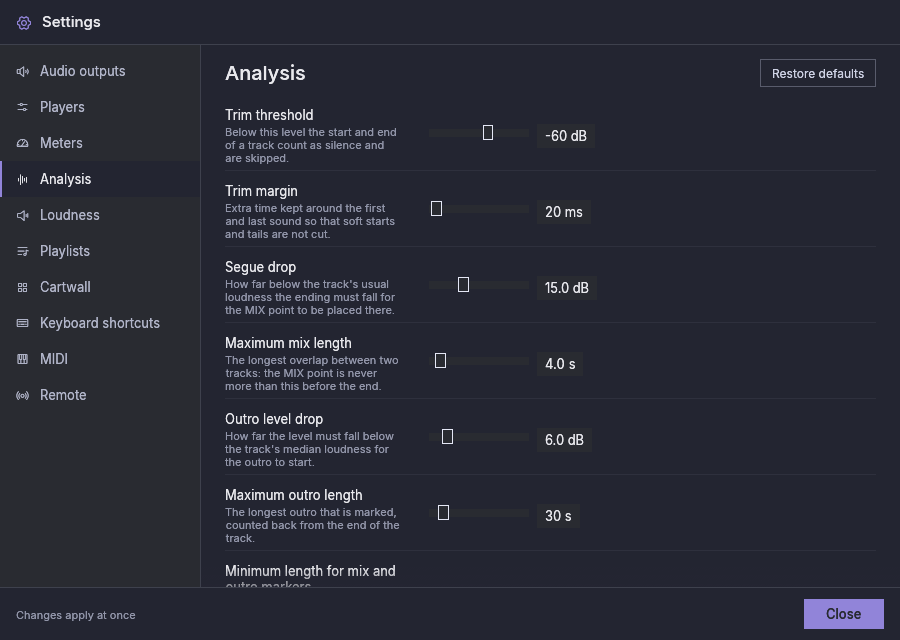 Settings, Analysis: the thresholds of the automatic markers