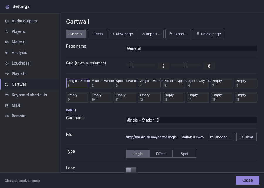 Settings, Cartwall: the pages, the grid and the editor of the selected cart