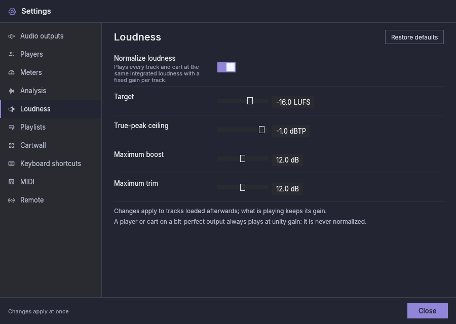 Settings, Loudness: normalization on, with the target, the true-peak ceiling, the maximum boost and the maximum trim at their defaults