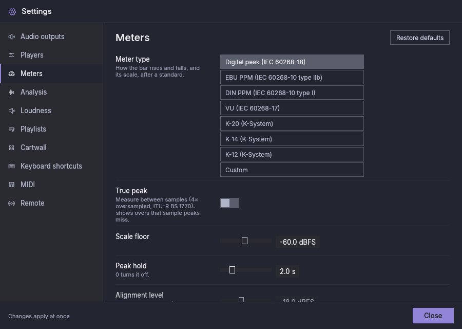 Settings, Meters, with the digital peak meter chosen
