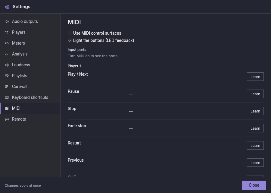 Settings, MIDI, with MIDI control off