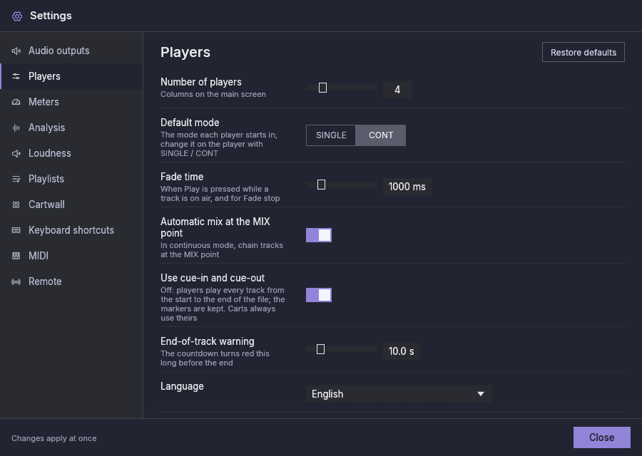 Settings, Players: number of players, default mode, fade time, automatic mix, cue-in and cue-out, end-of-track warning and language