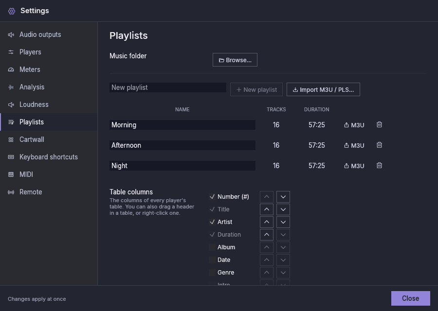 Settings, Playlists: the music folder, the playlists and the table columns