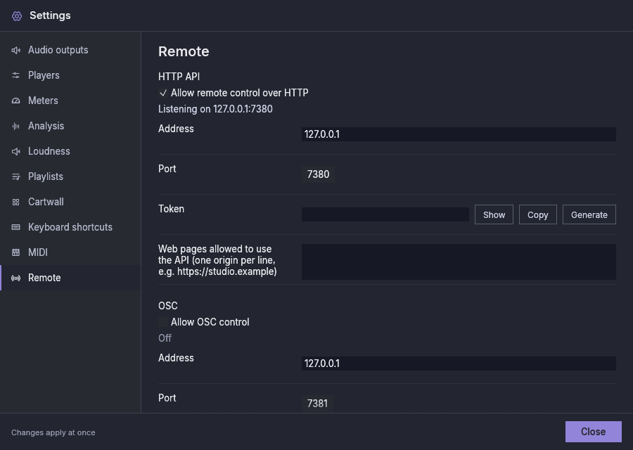 Settings, Remote: the HTTP API on and listening on this computer, and OSC off
