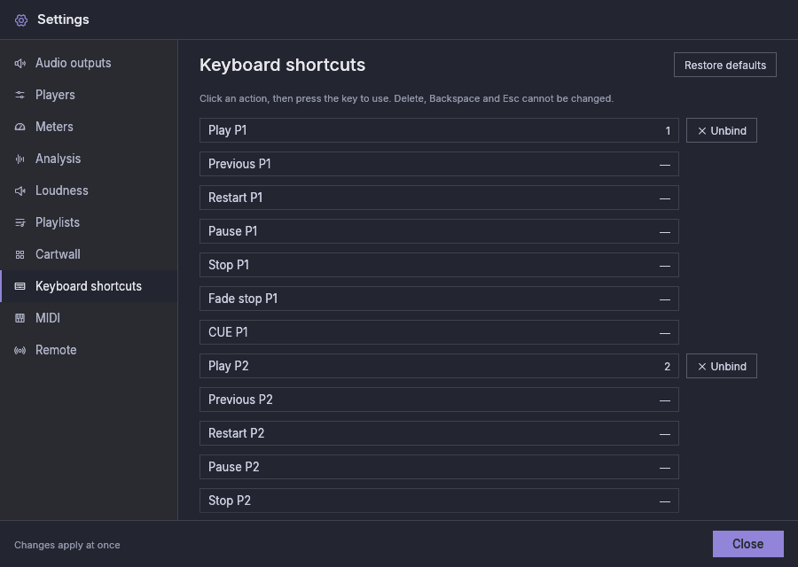 Settings, Keyboard shortcuts: each player action with its key, and Unbind beside the bound ones